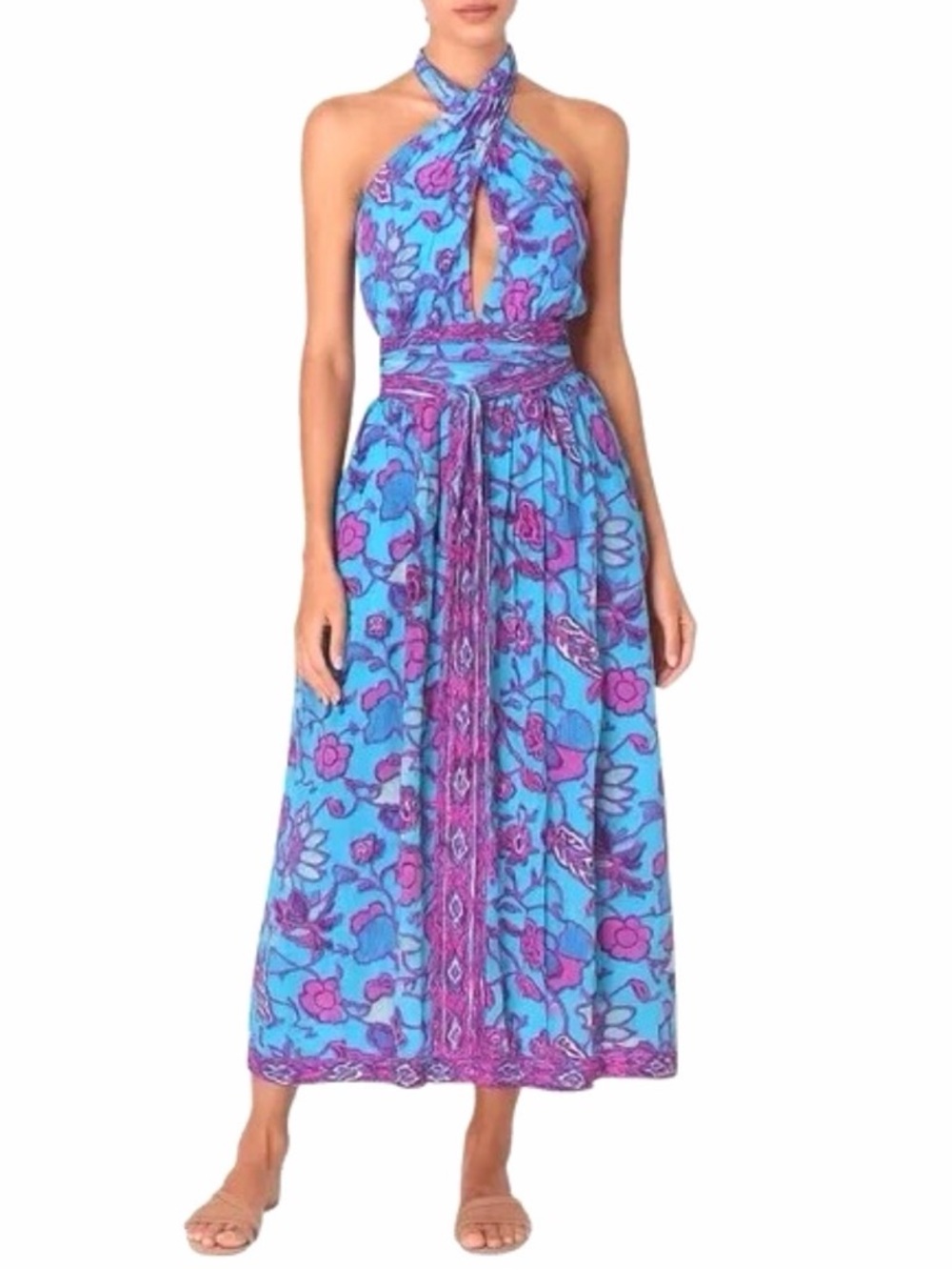 Caroline Constas Criss Cross Halter Floral Maxi Dress Size Small Turquoise Blue